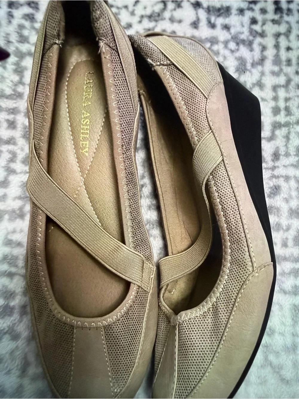 Laura Ashley Taupe Mary Jane Wedges with Elastic Cross Strap